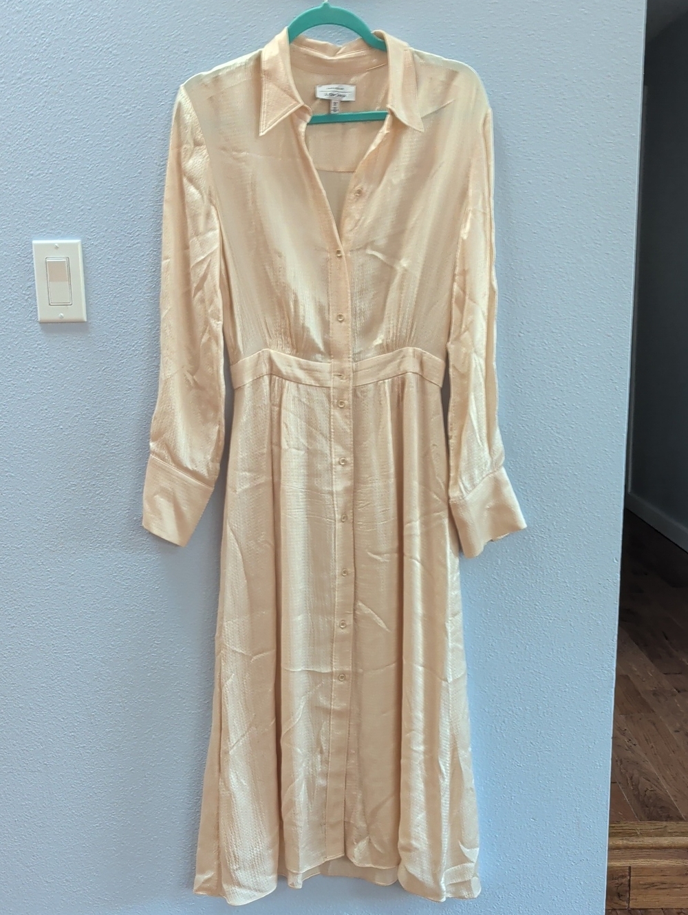 & Other Stories Belted Satin Cream Long-Sleeve Button Midi Shirt Dress